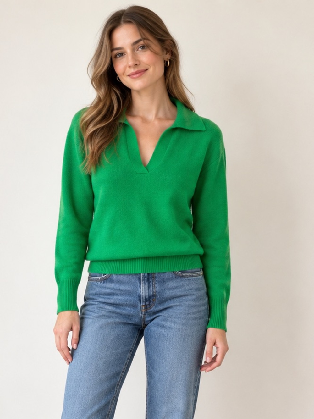 J. Crew Merino Wool Blend Green Collared Pullover V-Neck Sweater size XS